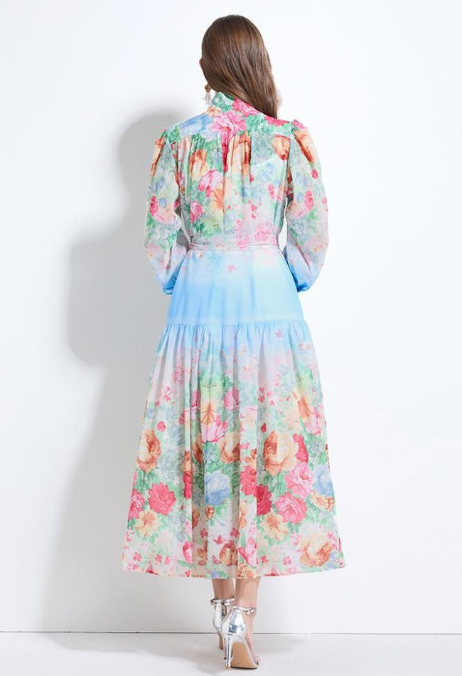 CM-DY034623 Women Elegant European Style Stand Collar Long Sleeve Floral Prints Midi Dress