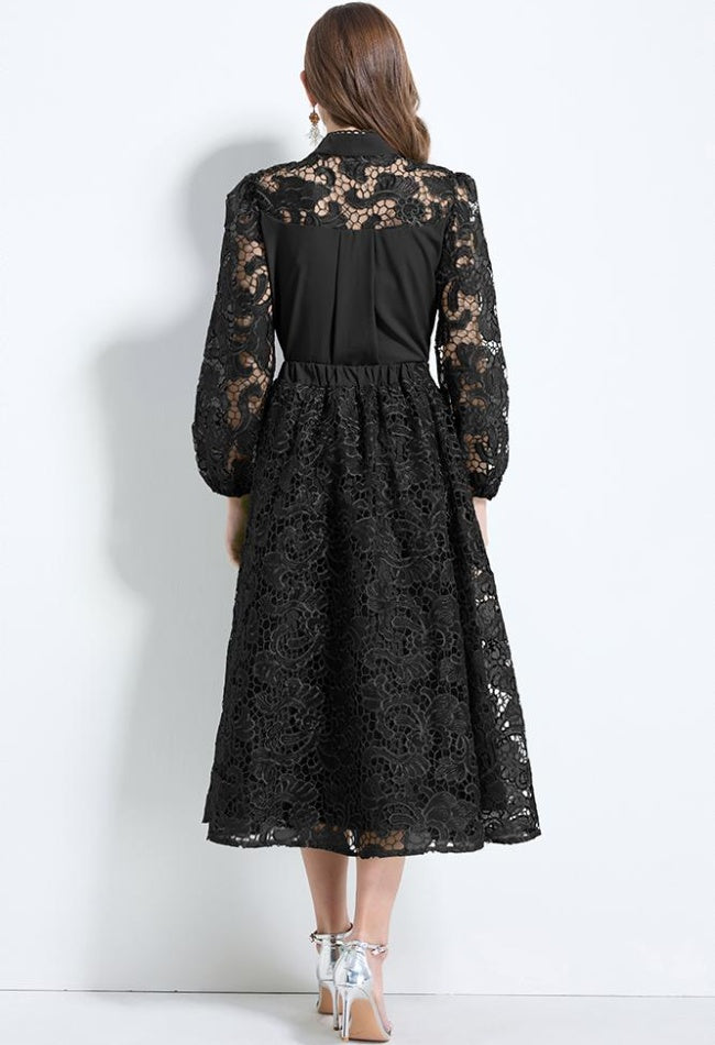 CM-SY034628 Women Elegant Seoul Style Stand Collar Lantern Sleeve Hollow With Maxi Skirt - Set