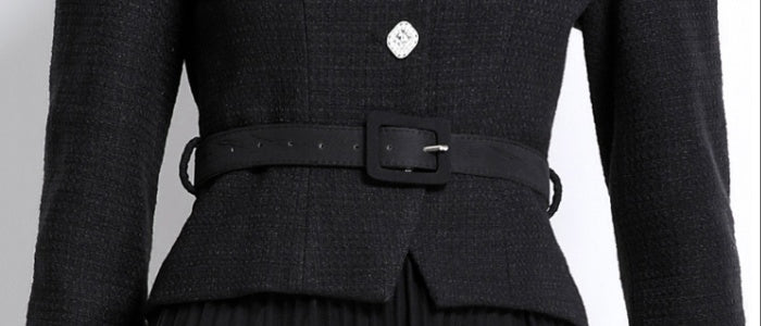 CM-SY034744 Women Elegant European Style Slim Round Neck Long Sleeve Belted Blouse With Gauze Pleated Skirt - Set