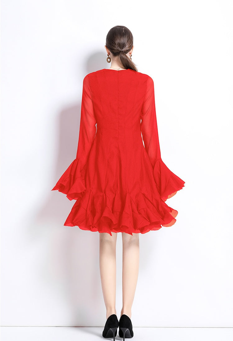 CM-DY034800 Women Elegant European Style Round Neck Trumpet Sleeve Mini Dress (Available in 2 colors)