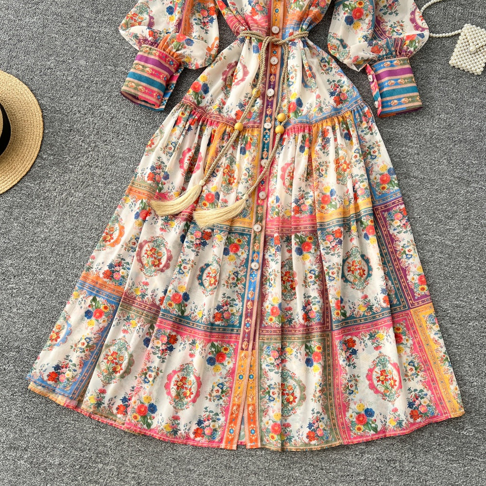 CM-DY035199 Women Elegant European Style Floral Print Stand Collar Long Sleeve Maxi Dress