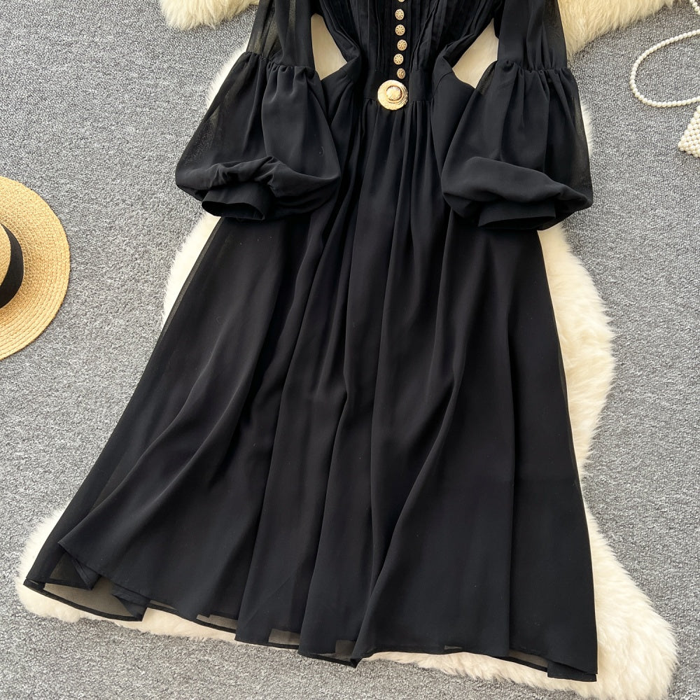CM-DY035210 Women Elegant European Style Round Neck Lantern Sleeve Long Dress - Black