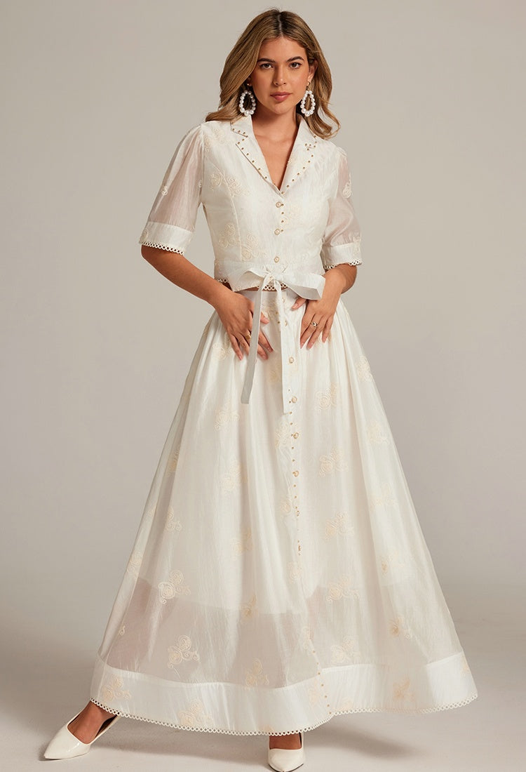 CM-SY035589 Women Elegant European Style Collar Neckline Half Sleeve Beads Decor Blouse With High Waist Long Skirt - Set