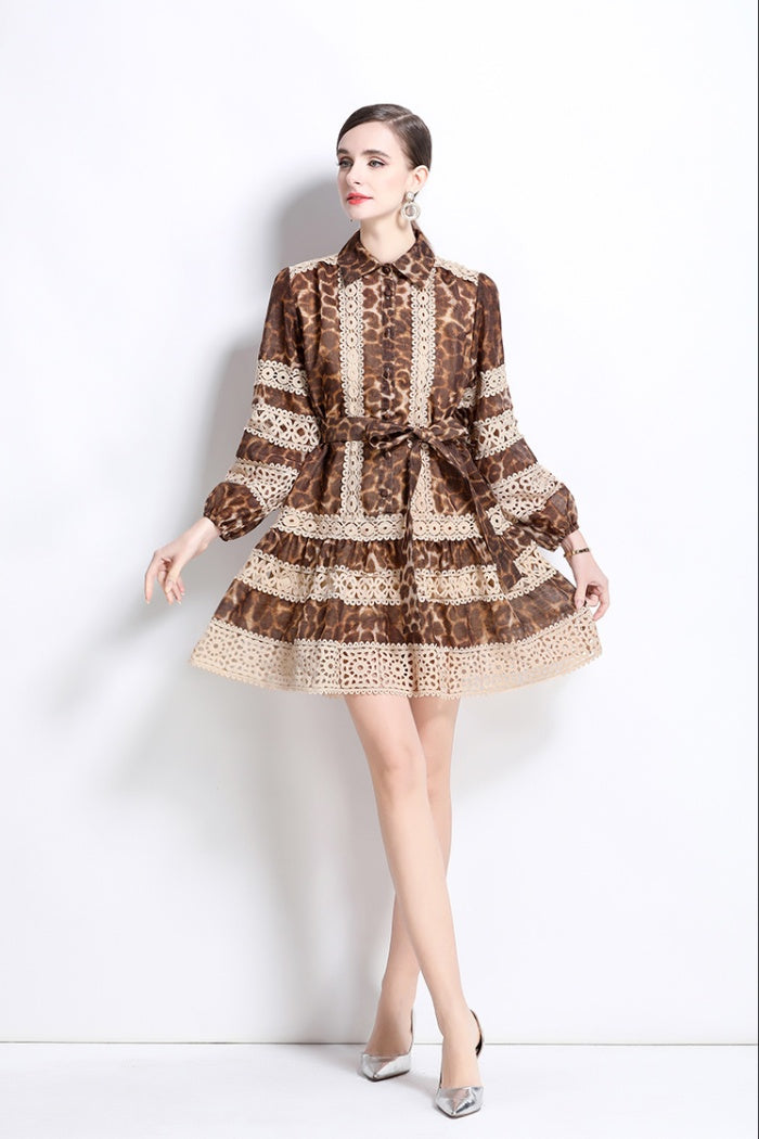 CM-DY035645 Women Elegant European Style Collar Neckline Long Sleeve Leopard Print Mini Dress