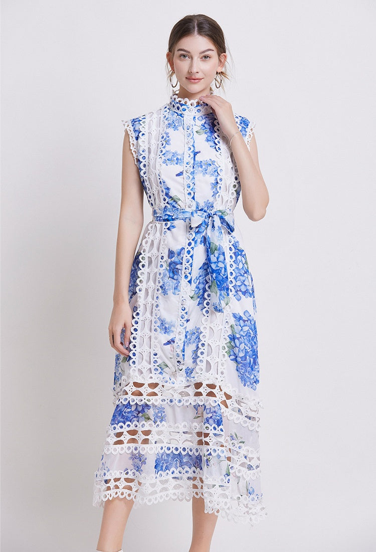 CM-DY035646 Women Elegant European Style Stand Collar Sleeveless A-Line Dress - Blue