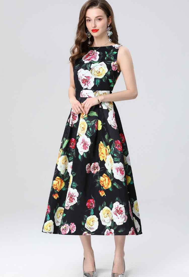 CM-DY035652 Women Elegant European Style Sleeveless High Waist Pinched Waist A-Line Dress