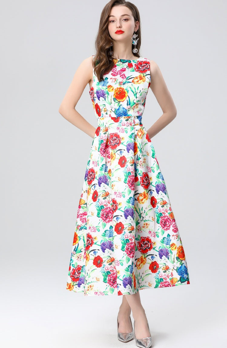 CM-DY035653 Women Elegant European Style Round Neck Sleeveless High Waist A-Line Midi Dress