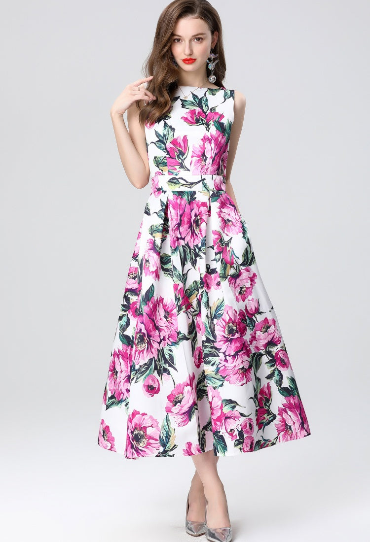 CM-DY035654 Women Elegant European Style Round Neck Sleeveless High Waist A-Line Midi Dress