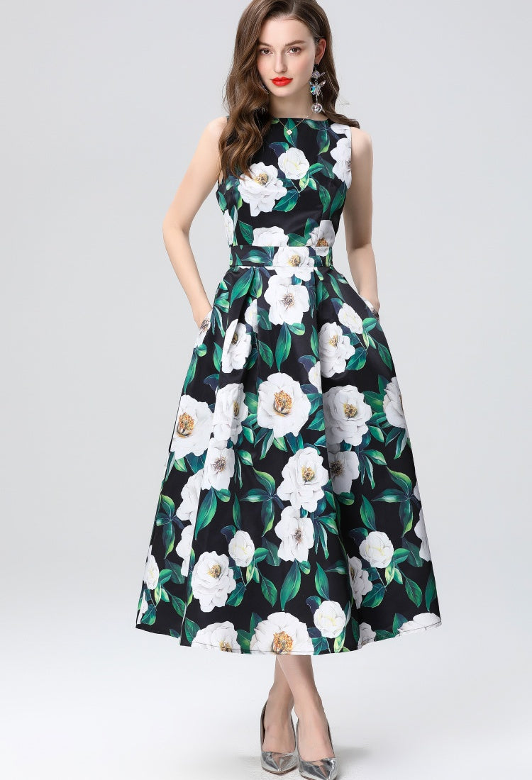 CM-DY035655 Women Elegant European Style Round Neck Sleeveless High Waist A-Line Midi Dress
