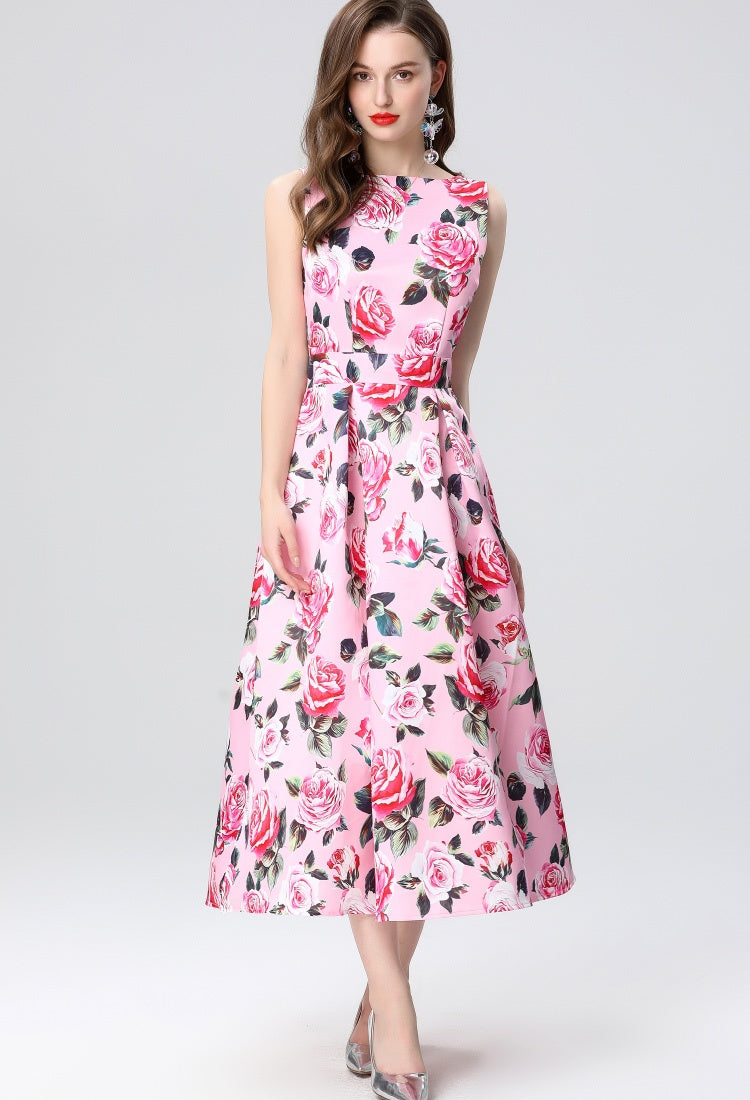 CM-DY035657 Women Elegant European Style Round Neck Sleeveless High Waist A-Line Midi Dress