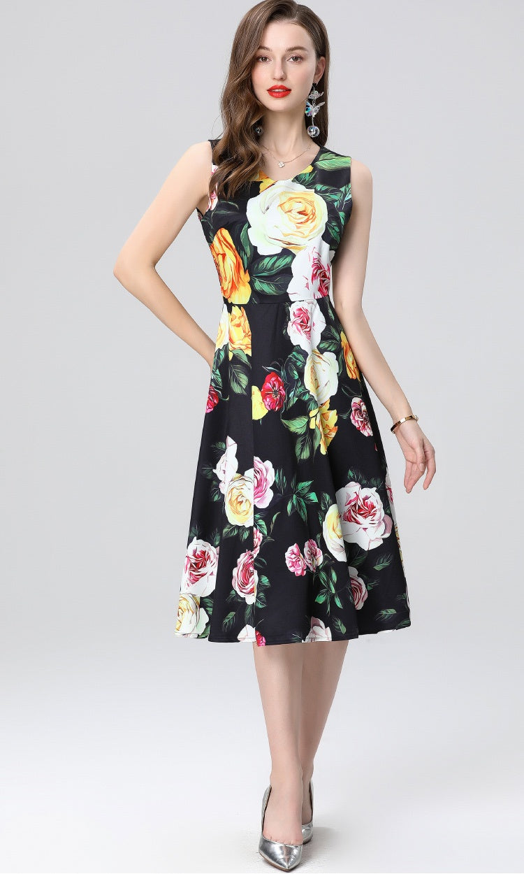 CM-DY035658 Women Elegant Euopean Style Round Neck Sleeveless Floral Print A-Line Dress