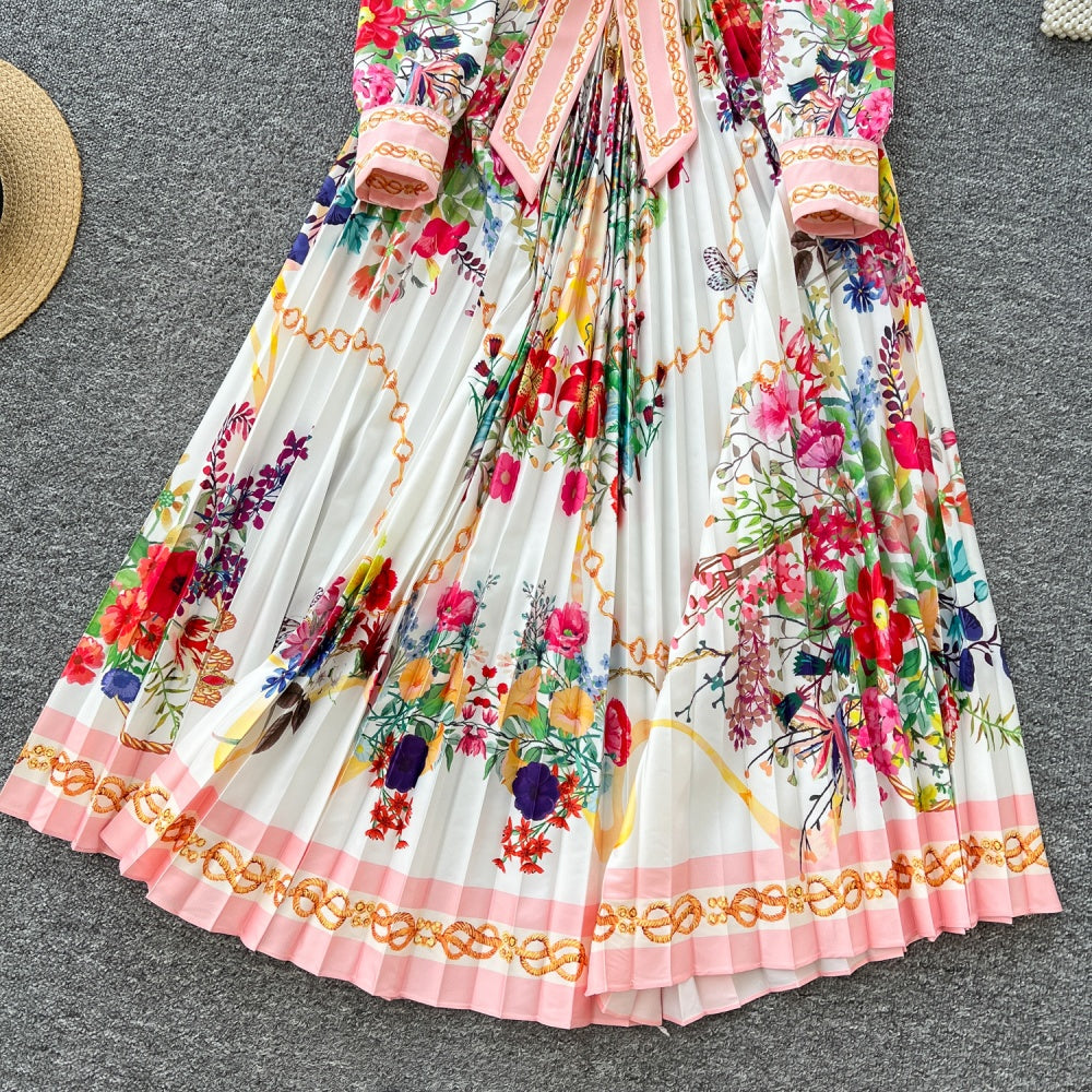 CM-DY035700 Women Elegant European Style Floral Print Lapel Neckline Long Sleeve Slim Dress