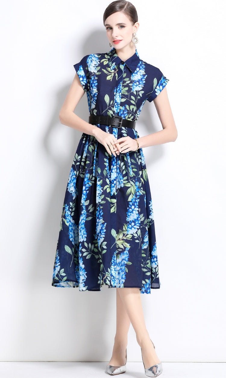 CM-DY035813 Women Elegant European Style Collar Neckline Short Sleeve Floral Print Midi Dress - Blue