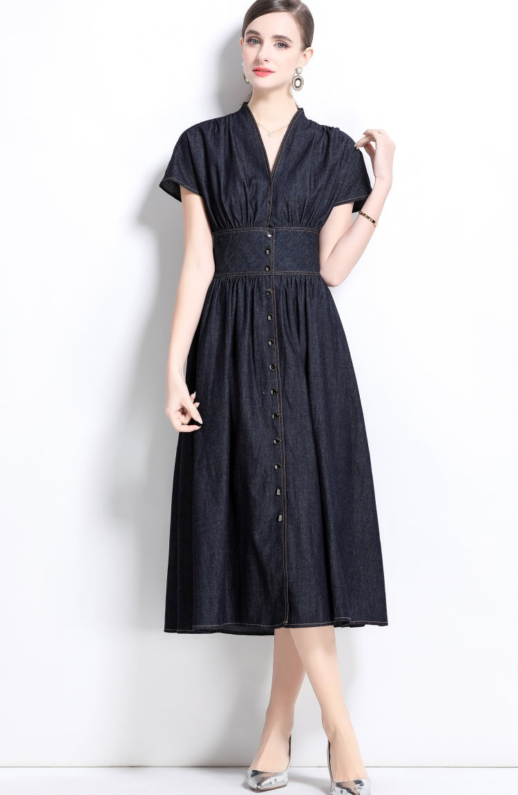 CM-DY035816 Women Elegant Seoul Style V-Neck Short Sleeve High Waist A-Line Dress - Navy Blue