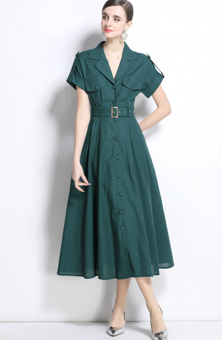 CM-DY035826 Women Elegant Seoul Style Suit Collar Short Sleeve Single Breasted Dress - Green