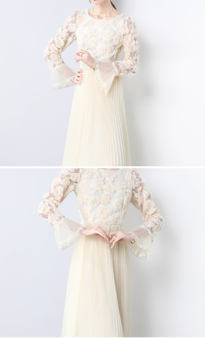 CM-DY036249 Women Elegant European Style Round Neck Trumpet Sleeve Pleated Gauze Midi Dress