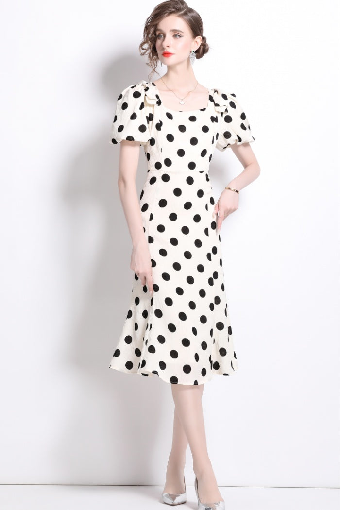 CM-DY036502 Women Elegant European Style Square Collar Short Sleeve Slim Bow Midi Dress