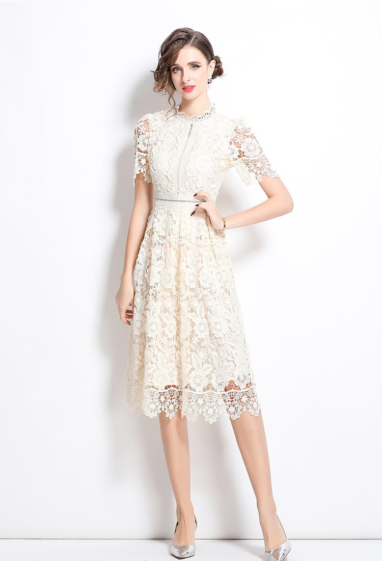 CM-DY036504 Women Elegant European Style Hollow Lace Stand Collar Short Sleeve Midi Dress - Apricot