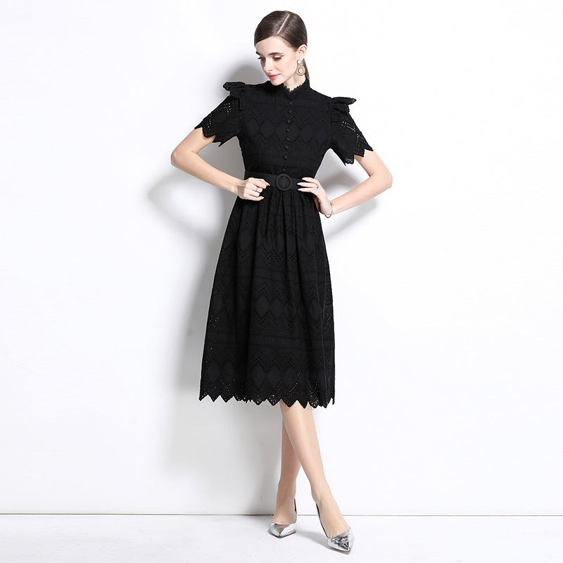 CM-DY036510 Women Elegant European Style Stand Collar Short Sleeve Pinched Waist Midi Dress - Black