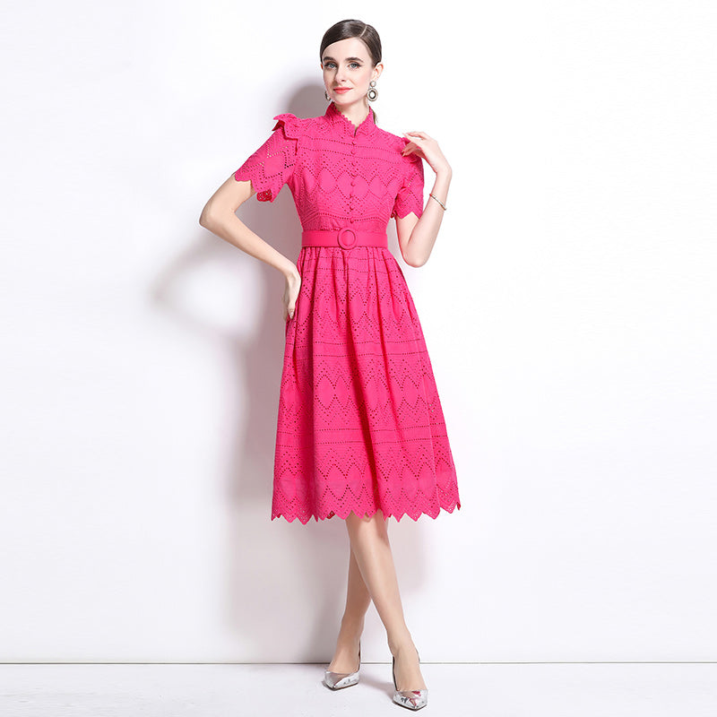 CM-DY036511 Women Elegant European Style Stand Collar Short Sleeve Pinched Waist Midi Dress - Pink