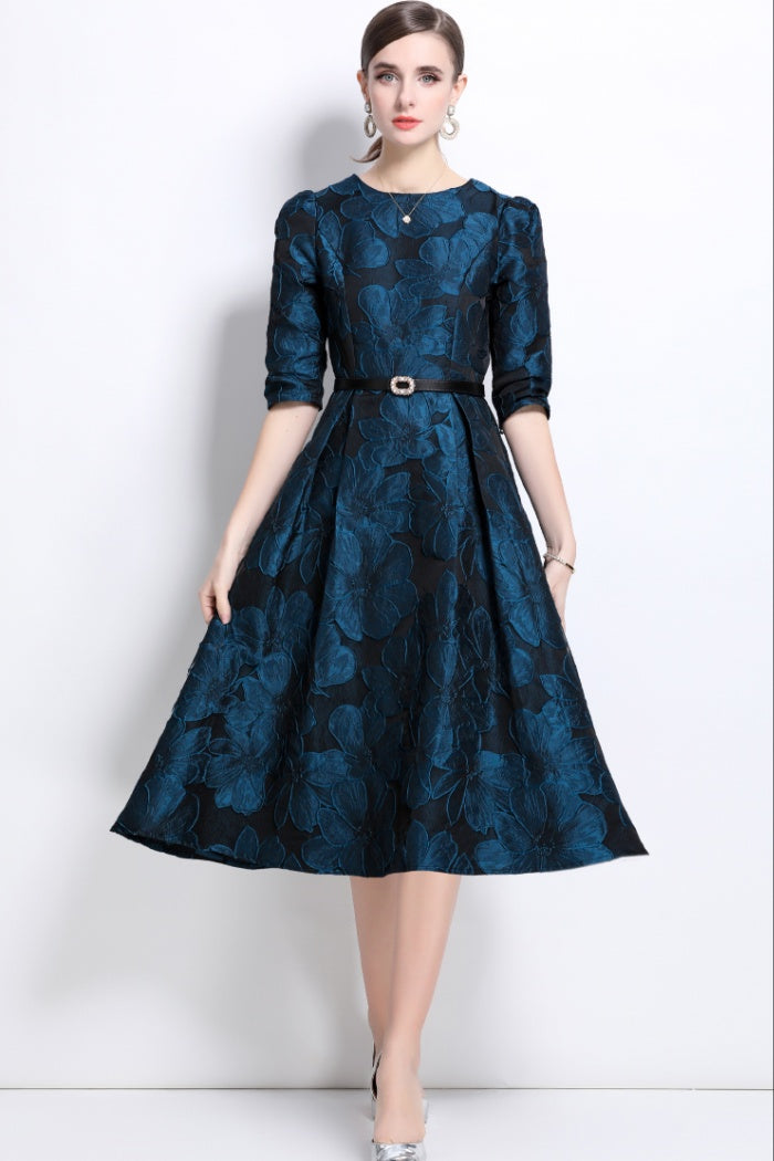 CM-DY036879 Women Elegant European Style Round Neck Half Sleeve A-Line Midi Dress - Blue