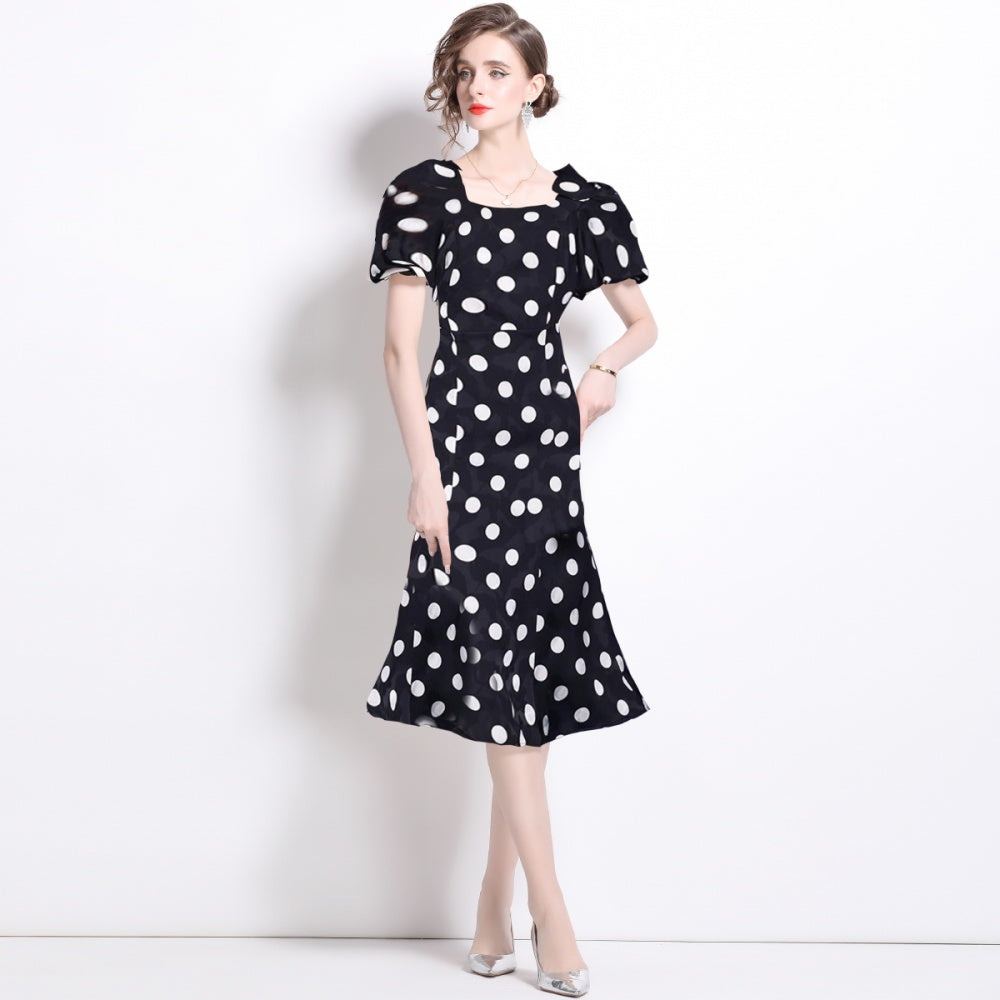 CM-DY036903 Women Elegant European Style Bow Square Collar Short Sleeve Midi Dress - Black