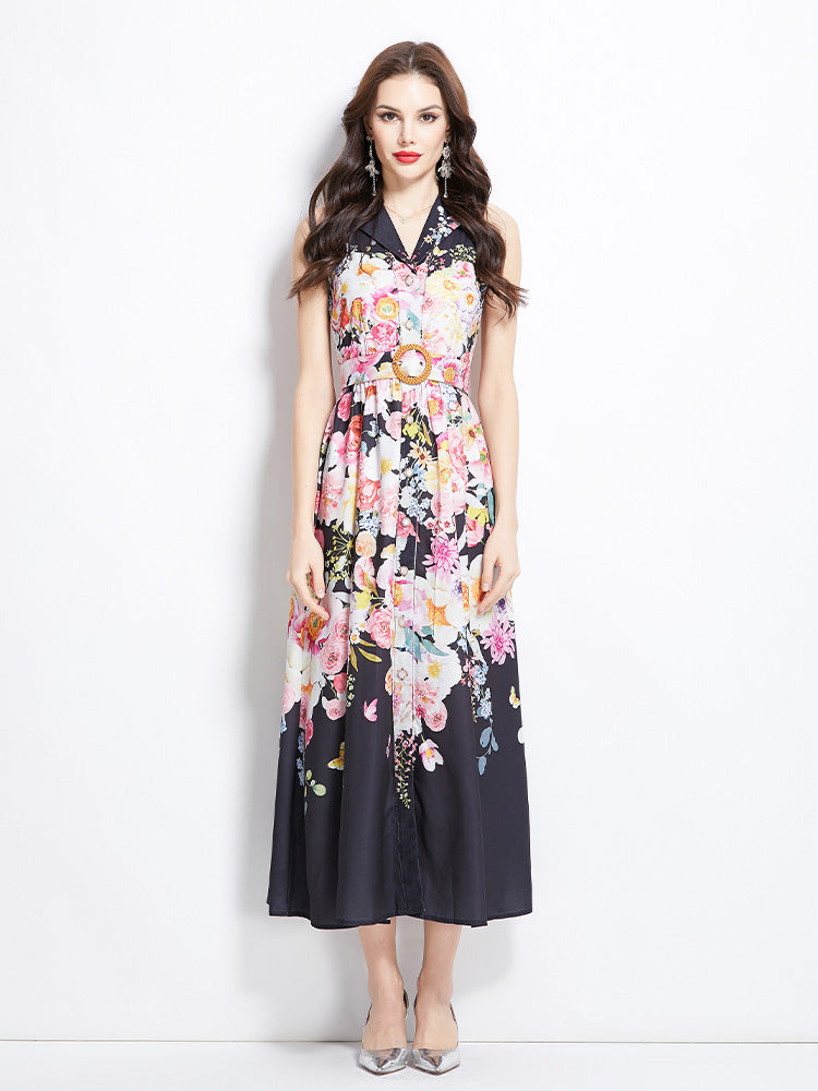 CM-DY036998 Women Elegant European Style Floral Print Halter Neckline Sleeveless Midi Dress