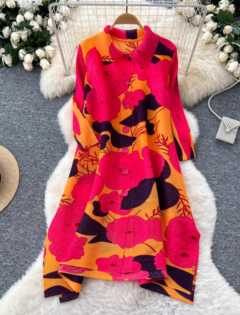 CM-DY037289 Women Elegant Seoul Style Polo Collar 3/4 Sleeve Loose Mid-Length Dress - Black