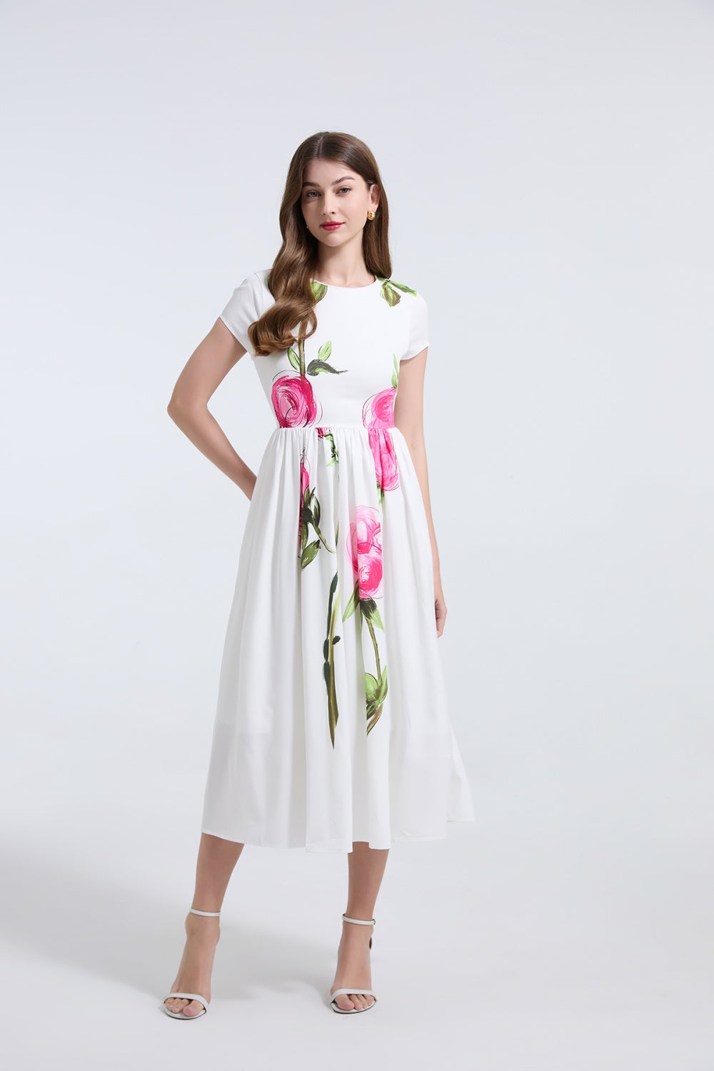 CM-DY037361 Women Elegant European Style Floral Print Round Neck Short Sleeve Midi Dress - White