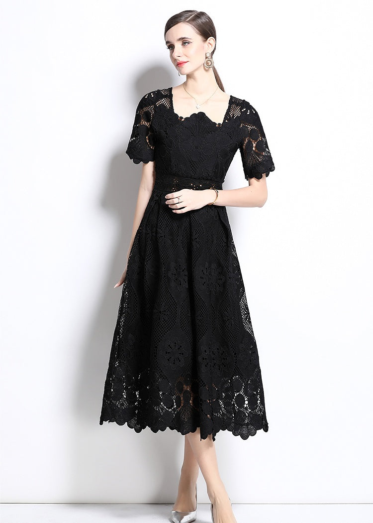 CM-DY037390 Women Elegant European Style Square Collar Short Sleeve Lace Midi Dress - Black