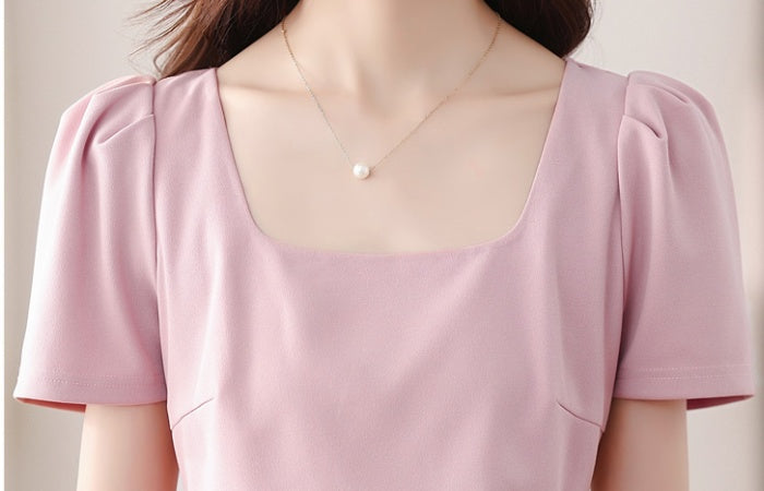 CM-DY037402 Women Casual Seoul Style Square Collar Puff Sleeve Pinched Waist Long Dress - Light Pink