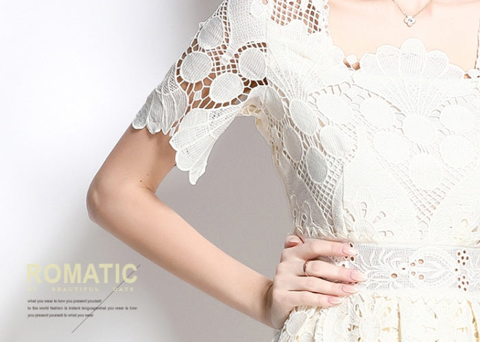 CM-DY037577 Women Elegant Euroepan Style Square Collar Short Sleeve Pinched Waist Long Dress - Light Beige