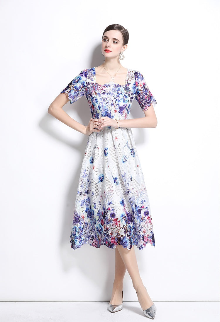 CM-DY037580 Women Elegant European Style Lace Hollow Square Collar Short Sleeve Slim Midi Dress
