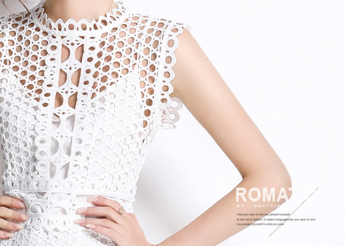 CM-DY037586 Women Elegant European Style Lace Round Neck Sleeveless Slit Maxi Dress - White
