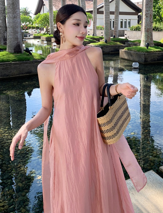CM-DY037618 Women Elegant Seoul Style Halter Neckline Sleeveless Long Dress