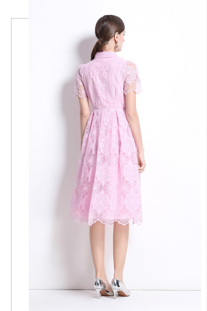 CM-DY037635 Women Elegant European Style Lace Collar Neckline Short Sleeve Single-Breasted Dress - Pink