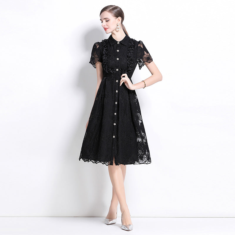 CM-DY037636 Women Elegant European Style Lapel Neckline Short Sleeve Single-Breasted Midi Dress - Black