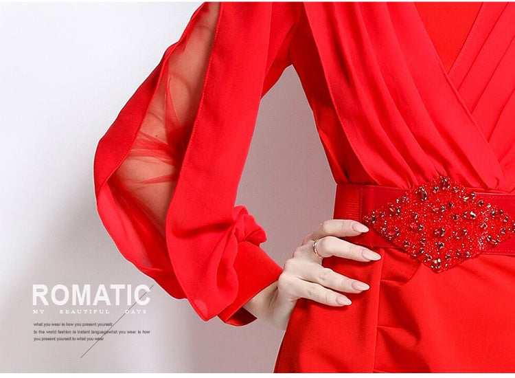 CM-DY038159 Women Elegant European Style V-Neck Long Sleeve Belted Midi Dress (Available in 2 colors)