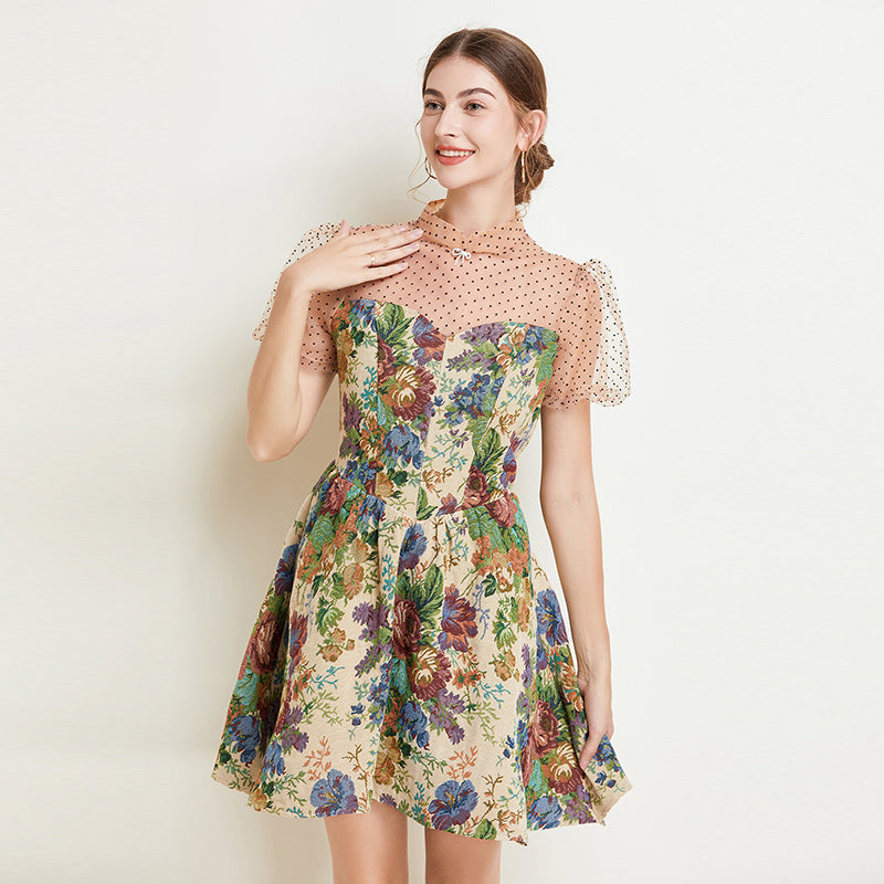 CM-DY038221 Women Elegant European Style Stand Collar Lantern Sleeve Lace Jacquard Mini Dress