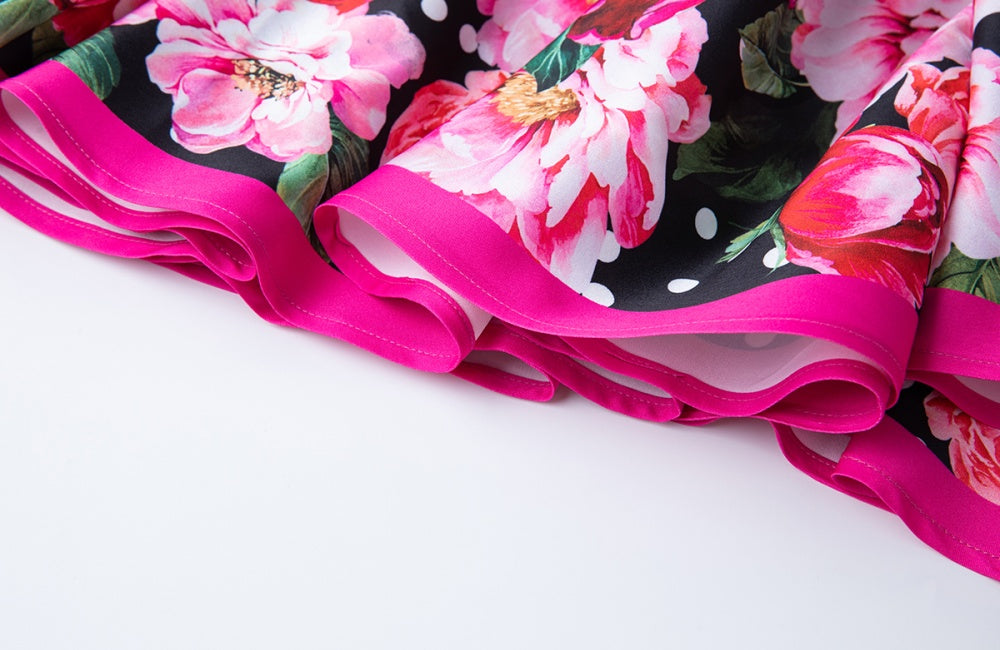 CM-DY038249 Women Elegant European Style Round Neck Short Sleeve High Waist Slim Floral Print Dress