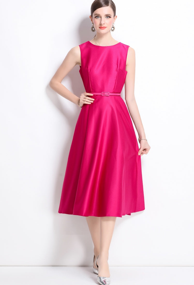 CM-DY038252 Women Elegant European Style Round Neck Sleeveless Pinched Waist Dress - Rose Red