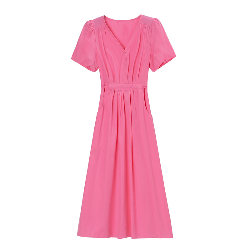 CM-DY038330 Women Casual Seoul Style V-Neck Short Sleeve Pinched Waist Long Dress - Pink