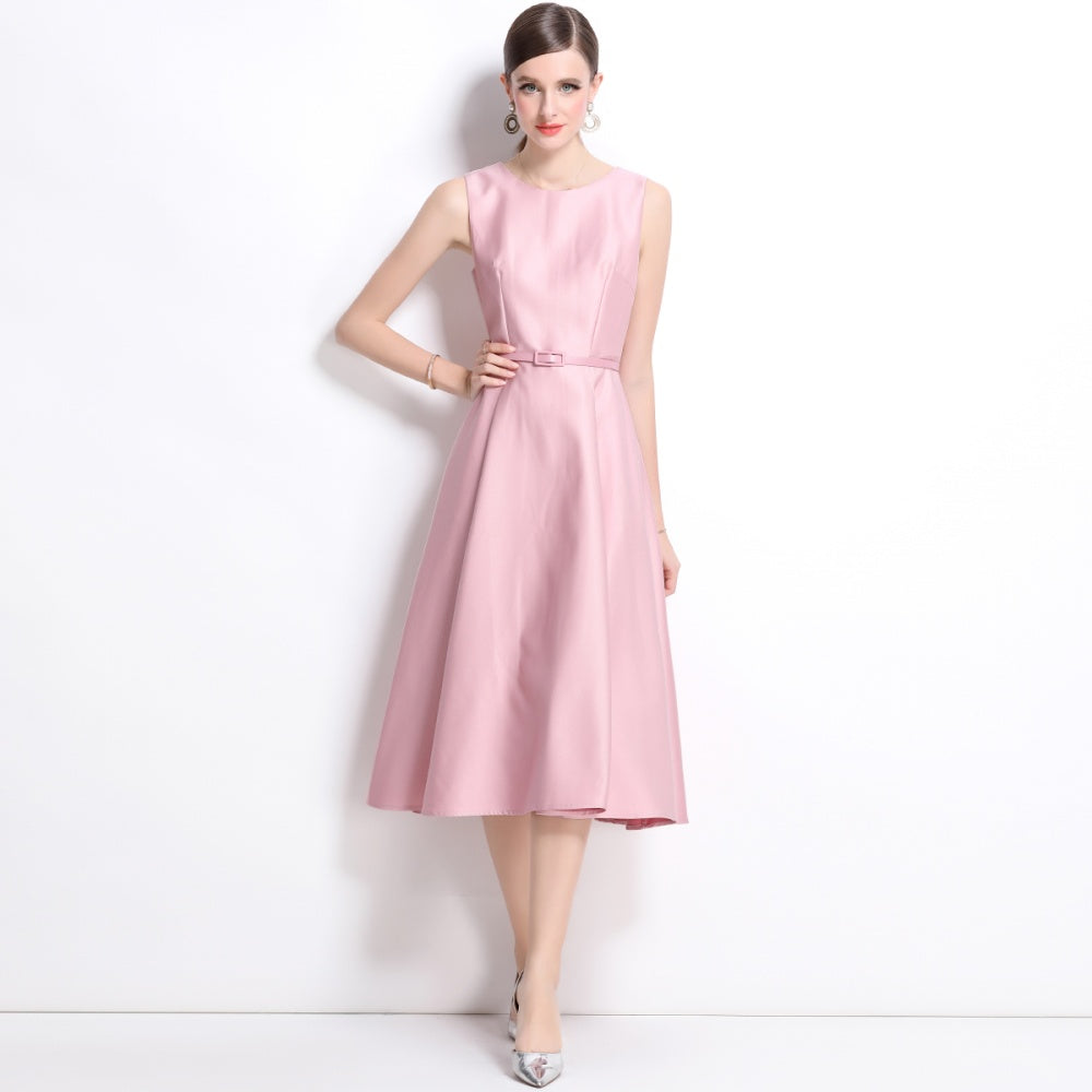 CM-DY038349 Women Elegant European Style Round Neck Sleeveless Pinched Waist Long Dress - Pink