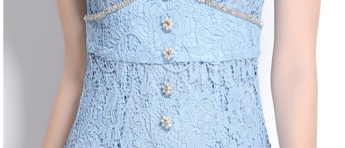CM-DY038548 Women Elegant European Style Round Neck Short Sleeve Bow Decor Lace Midi Dress - Blue