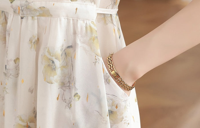 CM-DY039297 Women Casual Seoul Style Floral Print V-Neck Short Sleeve Mid-Length Dress