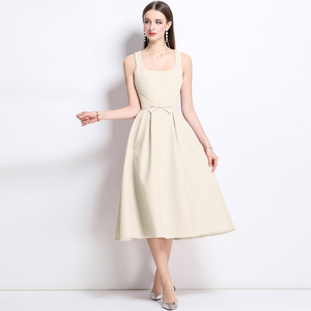 CM-DY039312 Women Elegant European Style Square Collar Sleeveless Pinched Waist Midi Dress - Apricot