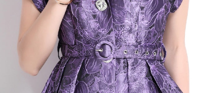 CM-DY039657 Women Elegant European Style V-Neck Short Sleeve Mid-Length Dress - Purple
