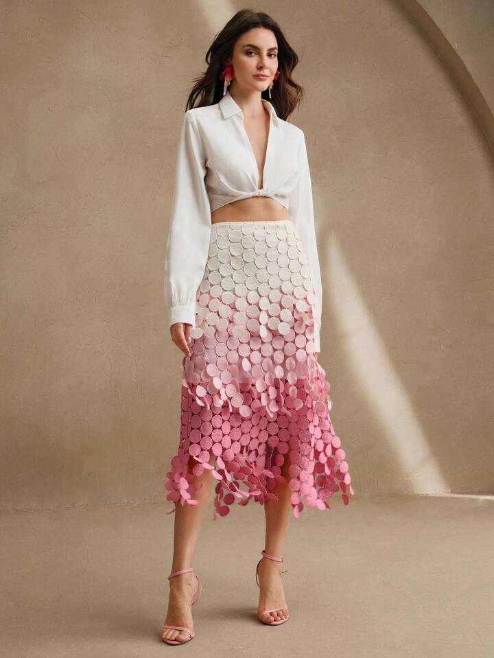 CM-BS338832 Women Trendy Bohemian Style Hollow Out Embroidery Tassel High Waist Flowy Skirt - Pink