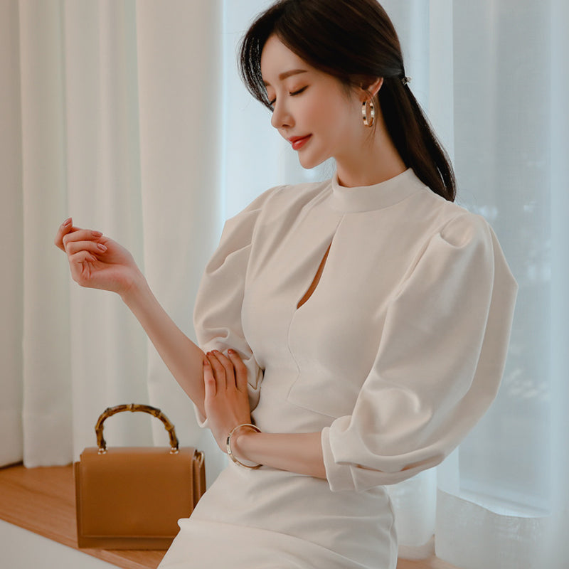 CM-DY040164 Women Elegant European Style Stand Collar 3/4 Sleeve Slim Midi Dress - White