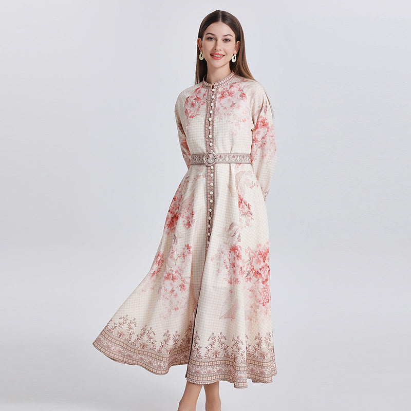 CM-DY040299 Women Elegant European Style Floral Print Stand Collar Long Sleeve Maxi Dress - Apricot